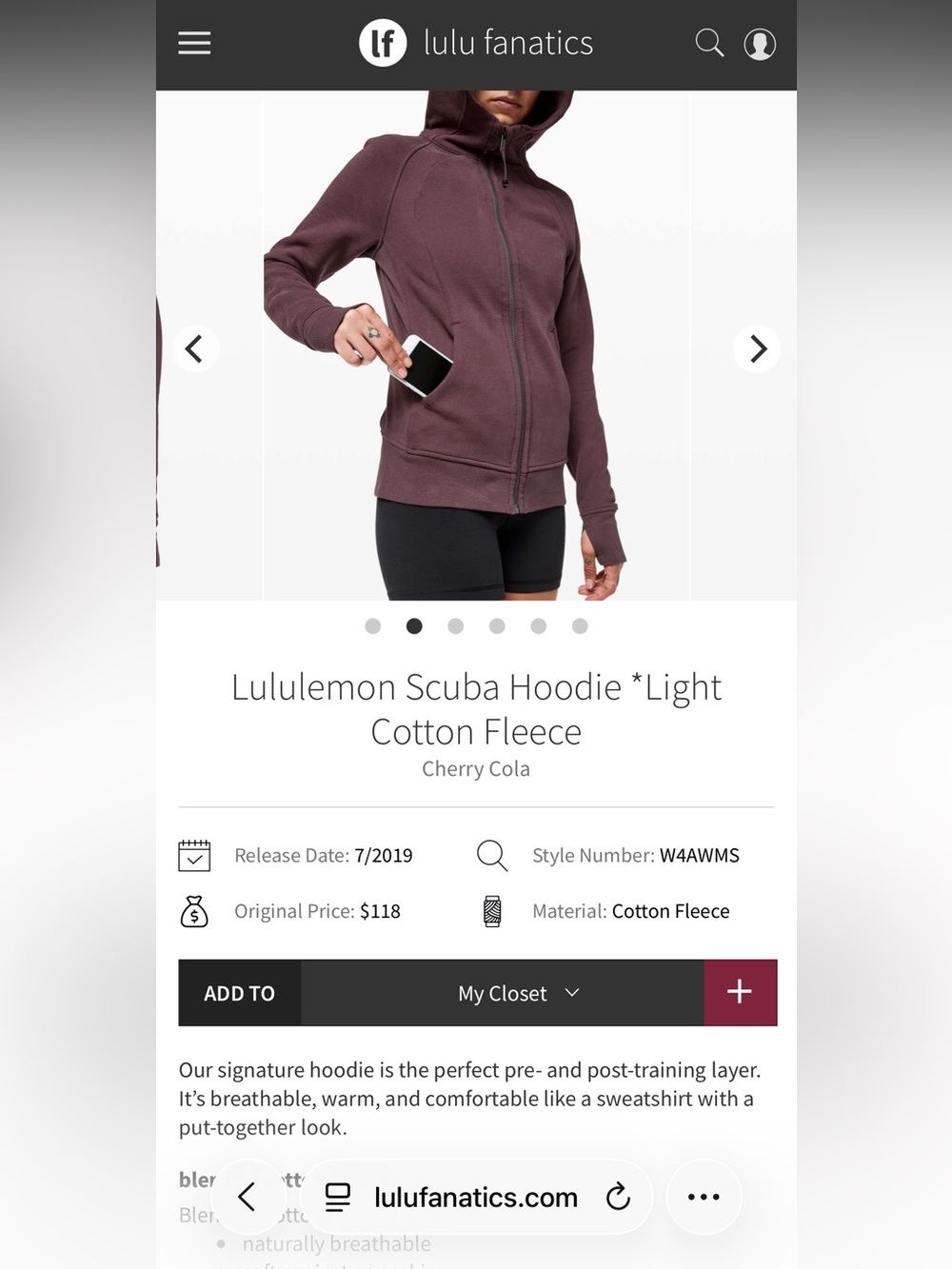 Lululemon Scuba zip up 12, burgundy/purple color